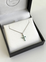 Natural Emerald & Diamond Cross Pendant & Chain
