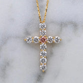 18k Yellow Gold Pink and White Lab Grown Diamond Cross With Chain