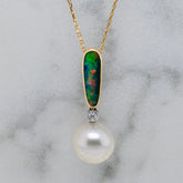 18k Gold Australian Opal, Diamond & South Sea Pearl Pendant