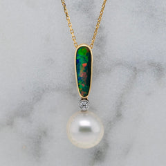 18k Gold Australian Opal, Diamond & South Sea Pearl Pendant