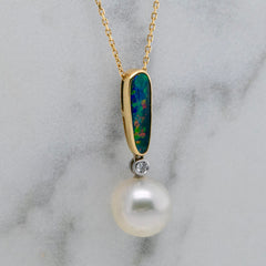 18k Gold Australian Opal, Diamond & South Sea Pearl Pendant