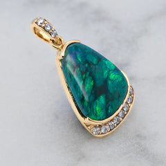 18k Yellow Gold Solid Opal & Diamond Pendant