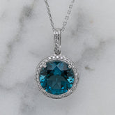 18k White Gold Topaz & Diamond Halo Pendant With Chain