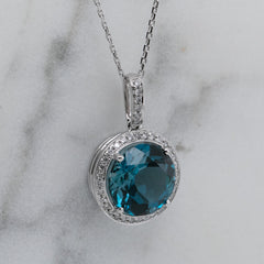 18k White Gold Topaz & Diamond Halo Pendant With Chain