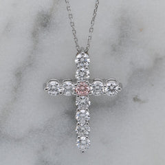 18k White Gold Pink & White Lab-Grown Diamond Slider Cross Necklace