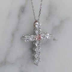 18k White Gold Pink & White Lab-Grown Diamond Slider Cross Necklace