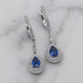 White Gold Pear Shaped Blue Sapphire & Diamond Drop Earrings