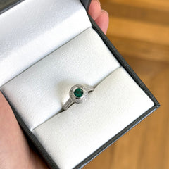White Gold Gilson Emerald & Diamond Halo Cocktail Ring