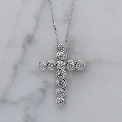 18k White Gold Bezel Set Diamond Cross Pendant & Chain