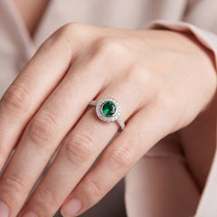 White Gold Gilson Emerald & Diamond Halo Cocktail Ring