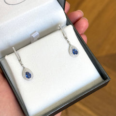 White Gold Pear Shaped Blue Sapphire & Diamond Drop Earrings
