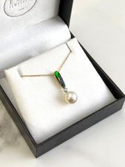 18k Gold Australian Opal, Diamond & South Sea Pearl Pendant