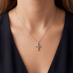 Natural Emerald & Diamond Cross Pendant & Chain