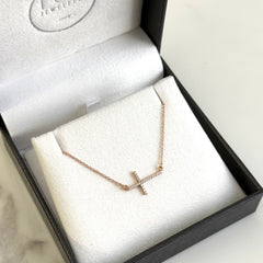 14ct Rose Gold Horizontal Diamond Cross Necklace
