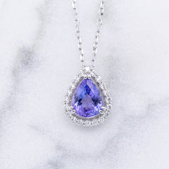 Pear Shaped Tanzanite and Diamond Halo Pendant