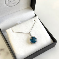 18k White Gold Topaz & Diamond Halo Pendant With Chain