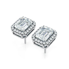 Emerald Cut Diamond Halo Stud Earrings