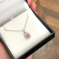 18k White Gold Cushion Cut Lab Grown Pink Diamond Cluster Pendant With Chain
