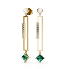 Diamond, Pearl and Emerald Geometric Drop Earrings
