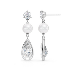 Pear Shaped Lab Grown Diamond and Fresh Water Pearl Bridal Drop Earrings