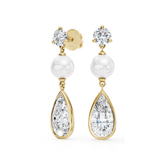 Pear Shaped Lab Grown Diamond and Fresh Water Pearl Bridal Drop Earrings