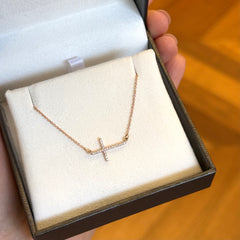 14ct Rose Gold Horizontal Diamond Cross Necklace