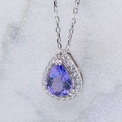 Pear Shaped Tanzanite and Diamond Halo Pendant