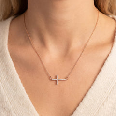 14ct Rose Gold Horizontal Diamond Cross Necklace