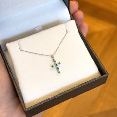 Natural Emerald & Diamond Cross Pendant & Chain