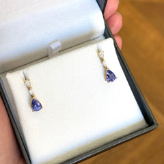 9k Yellow Gold Tanzanite & Diamond Drop Earrings