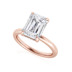 Emerald Cut Natural Diamond Solitaire Engagement Ring with Hidden Halo