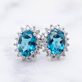 Blue Topaz and Diamond Halo Stud Earring