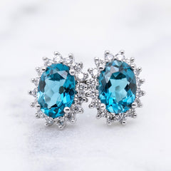 Blue Topaz and Diamond Halo Stud Earring