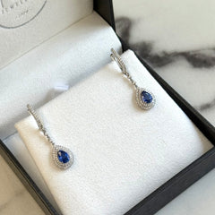 White Gold Pear Shaped Blue Sapphire & Diamond Drop Earrings
