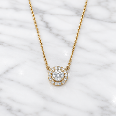 18k Yellow Gold Round Lab Grown Diamond Halo Necklace