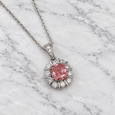 18k White Gold Cushion Cut Lab Grown Pink Diamond Cluster Pendant With Chain
