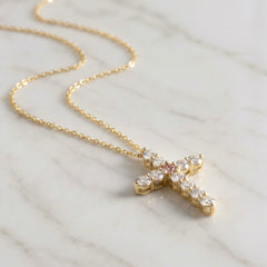 18k Yellow Gold Pink and White Lab Grown Diamond Cross With Chain