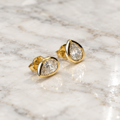 Yellow Gold Bezel Set Pear Lab Diamond Stud Earrings