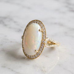 Yellow Gold Australian Opal & Diamond Vintage Inspired Cocktail Ring