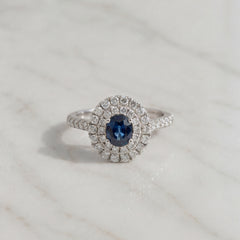Sapphire and Double Diamond Halo Cocktail Ring