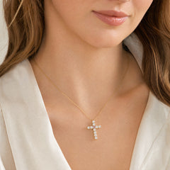 18k Yellow Gold Pink and White Lab Grown Diamond Cross  With Chain