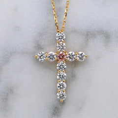 18k Yellow Gold Pink and White Lab Grown Diamond Cross  With Chain