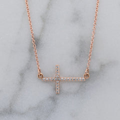 14ct Rose Gold Horizontal Diamond Cross Necklace