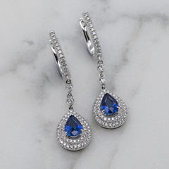 White Gold Pear Shaped Blue Sapphire & Diamond Drop Earrings