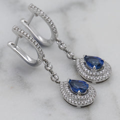 White Gold Pear Shaped Blue Sapphire & Diamond Drop Earrings