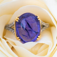 Rare Cabochon Cut Tanzanite & Diamond Cocktail Ring