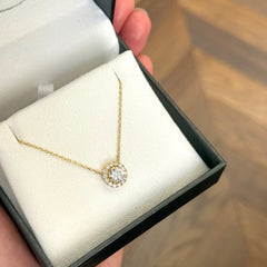 18k Yellow Gold Round Lab Grown Diamond Halo Necklace