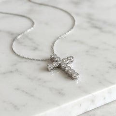 18k White Gold Bezel Set Diamond Cross Pendant & Chain