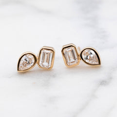 18k Yellow Gold Pear Shape & Emerald Cut Lab Grown Diamond Earrings