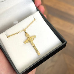 18k Yellow Gold Men's Textured Cross With Crucifix Pendant
